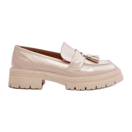 Lack-Loafer-Schuhe mit Fransen, hellbeige Velenase