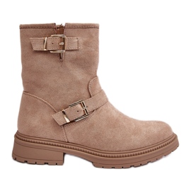 Flache Damenstiefel mit Schnallen, Beige Bliggore