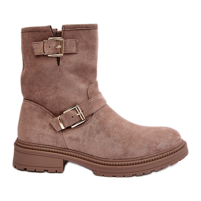 Flache Damenstiefel mit Schnallen, Dunkelbeige Bliggore