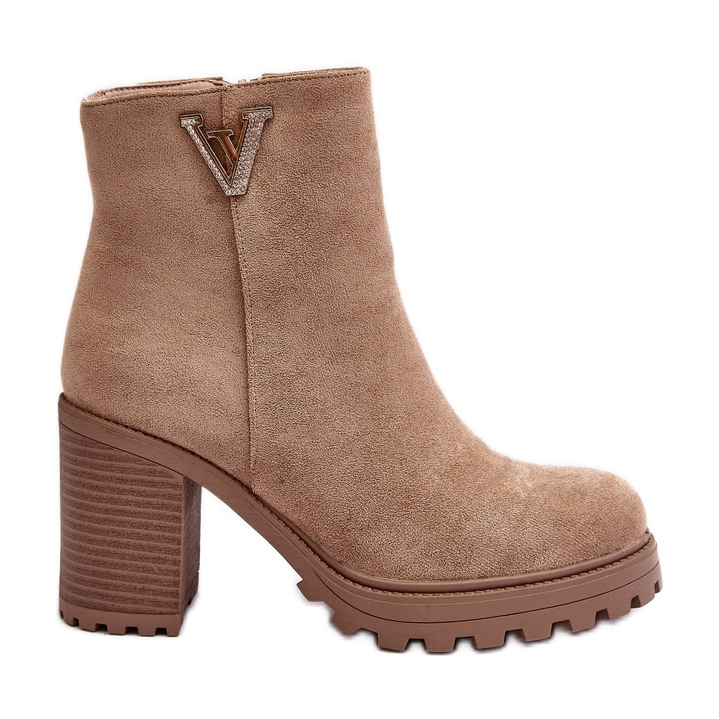 WJ2 Damen-Stiefeletten aus Wildleder mit hohem Absatz und Verzierung, Beige Strong