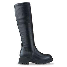 Schwarze elastische Damenstiefel aus Öko-Leder