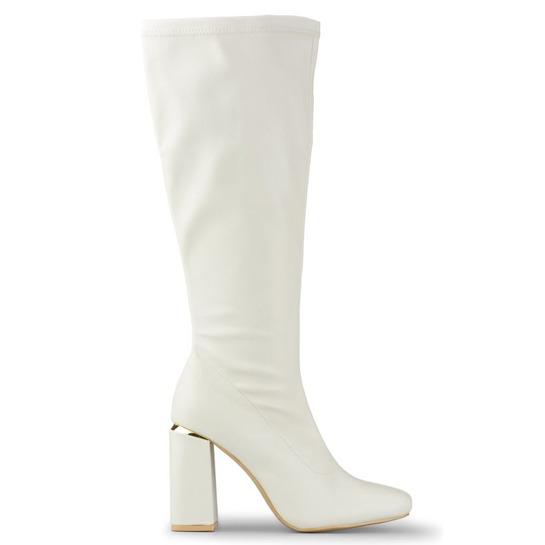 Beigefarbene Öko-Lederstiefel mit hohen Absätzen