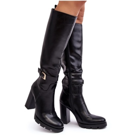 Damen-Stiefel aus Leder mit hohem Absatz und Schnalle in Schwarz Bordda