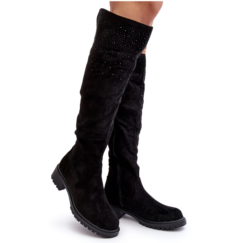 Verzierte Overknee-Stiefel für Damen mit flachem Absatz, Black Cintya schwarz