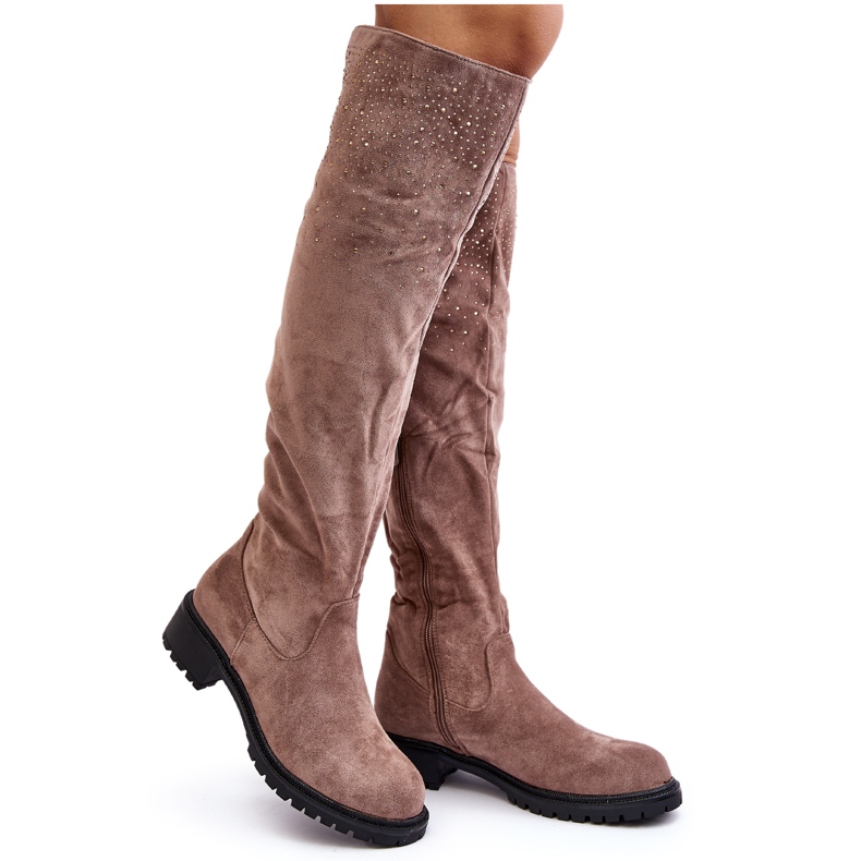 Beige Cintya verzierte flache Overknee-Stiefel für Damen