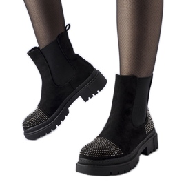 Schwarze Stiefeletten mit Grinzane-Zirkonen aus Öko-Wildleder