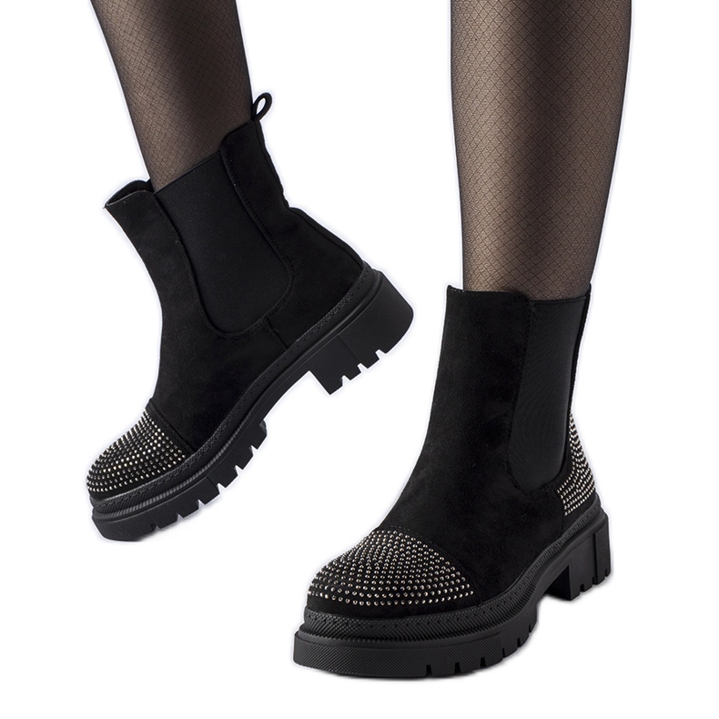 Schwarze Stiefeletten mit Grinzane-Zirkonen aus Öko-Wildleder