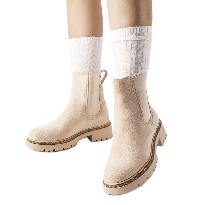 Beige isolierte Stiefel mit Taunton-Strasssteinen
