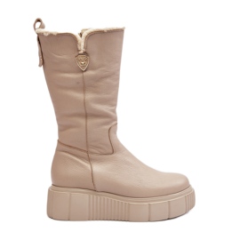 Lemar Beigefarbene Lederstiefel für Damen mit Wolle Bayla