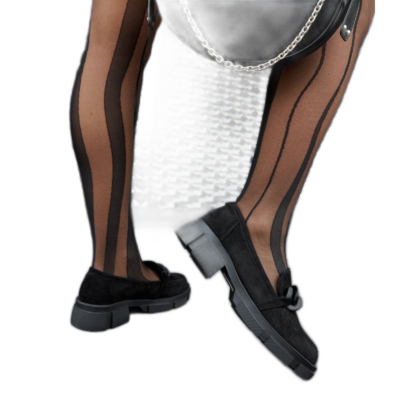 Schwarze Slipper mit Kette aus Öko-Wildleder