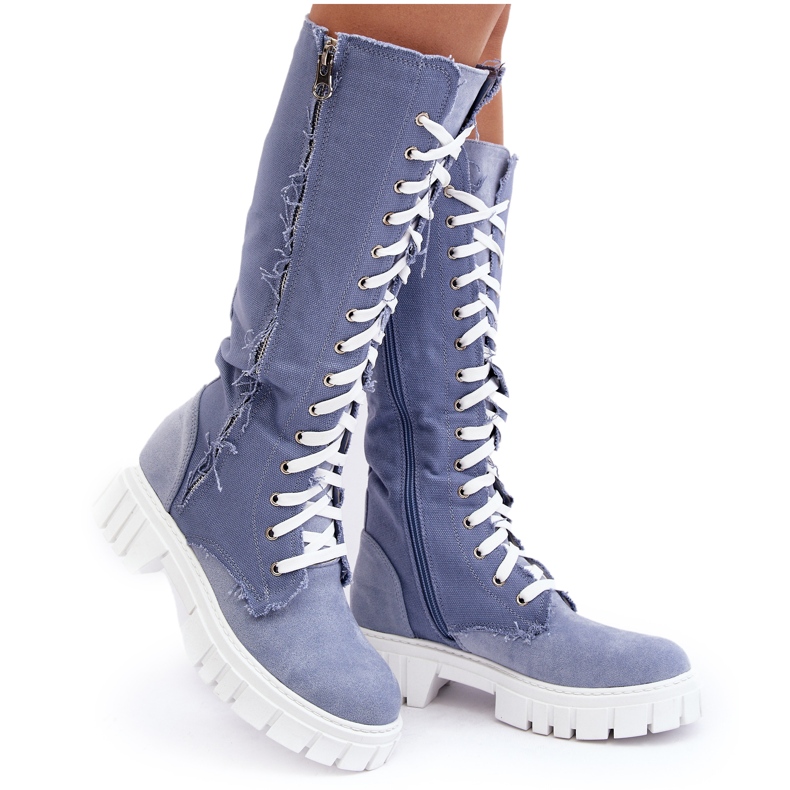 Isolierte Jeansstiefel für Damen mit Schnürung, Blau Cresanta beige