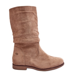 Beigefarbene Damenstiefel mit flachem Absatz und gerafftem Obermaterial