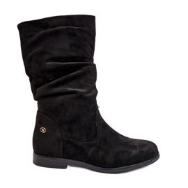 Flache Damenstiefel mit gerafftem Obermaterial, Black Kotine schwarz