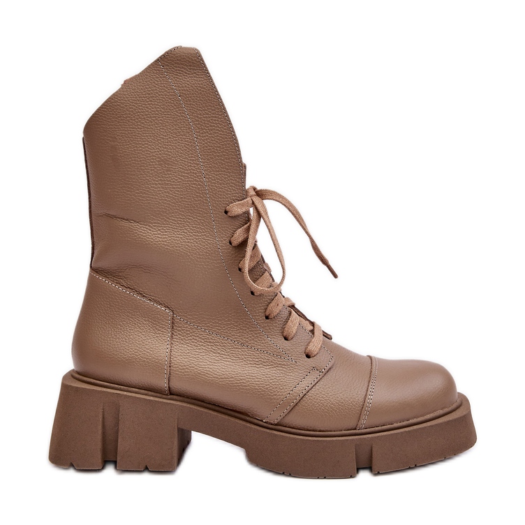 Damen-Arbeiterstiefeletten aus Leder mit massivem, flachem Absatz Zazoo 976A Dunkelbeige