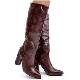 Damenstiefel mit hohem Absatz, warm, Schlangenmuster, braun Delul