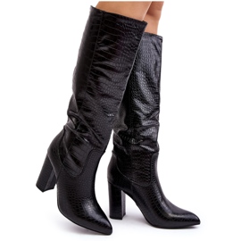 Damen-Stiefel mit hohem Absatz, warm, Schlangenmuster, Schwarz Delul