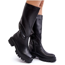 Flache Slip-On-Stiefel bis zur Wadenmitte, Schwarz Eamantha