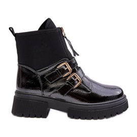 Damen-Lacklederstiefel mit flachem Absatz, Schwarz Rellisa