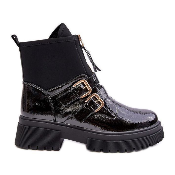 Damen-Lacklederstiefel mit flachem Absatz, Schwarz Rellisa