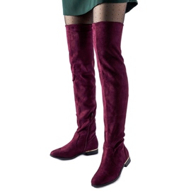 Lange bordeauxrote, warme Elwira-Stiefel aus Öko-Wildleder