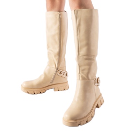 Beige flache Stiefel mit Kette Armand