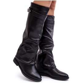 Flache Damenstiefel mit gerafftem Obermaterial, schwarze Tercella