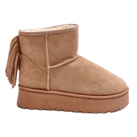 Frauenschnee -Stiefel auf einer massiven Plattform mit Fransen beige