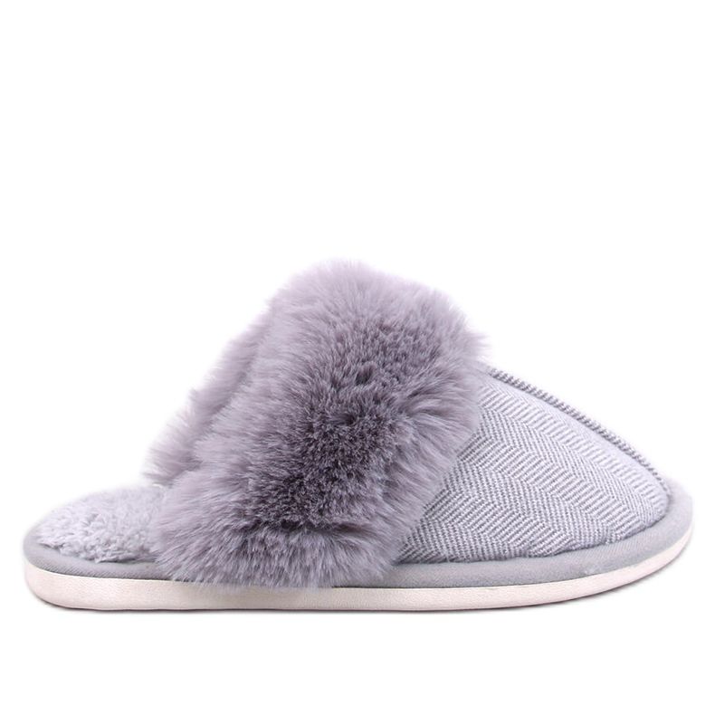 Graue Fischgräten-Hausschuhe von Skeen mit Fell