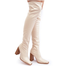 Overknee-Stiefel für Damen mit hohem Absatz, beiges Öko-Leder Orcella