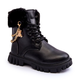 Warme Kinderstiefeletten aus Leder mit Kette, schwarz