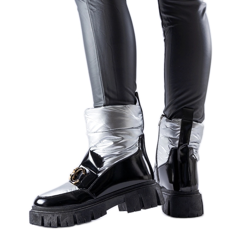 Schwarz-silberne Lack-Schneestiefel für den Winter silber-
