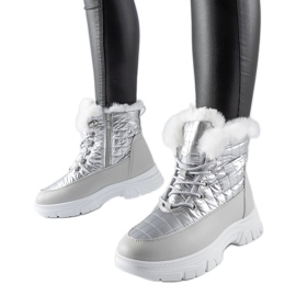 Silberne, isolierte Schneestiefel auf der Dwayn-Plattform