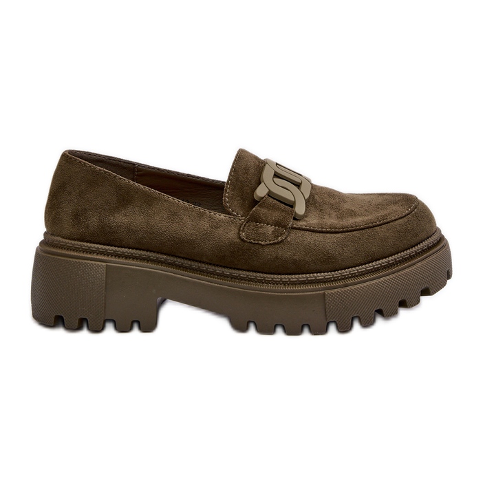 Damen-Mokassins mit Kette, dunkelgrünes Mevre