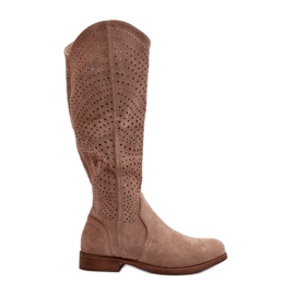 S.barski HY66-150 Durchbrochene Stiefel auf flachen Absätzen Beige