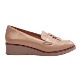 Vinceza Damen-Keilabsatzschuhe aus Lackleder mit Miliret-Dekoration beige