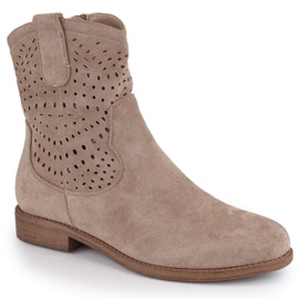 Durchbrochene Damen-Stiefeletten aus beigem Wildleder S.Barski HY66-135