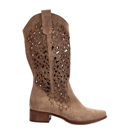 Zazoo 3403 Durchbrochene Damenstiefel mit niedrigem Absatz Hellbeige