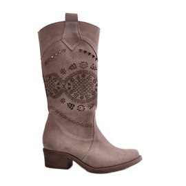 Zazoo 4043 Wildleder-Stiefel mit durchbrochenem Cappucino-Absatz und niedrigem Absatz beige