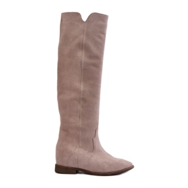 Zazoo 3407 kniehohe Wildlederstiefel mit flachen Cappuccino-Absätzen beige