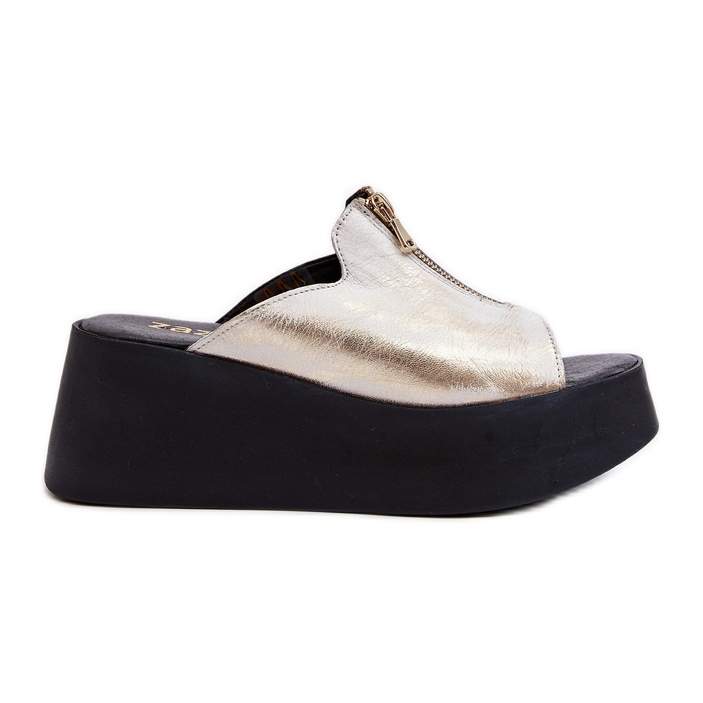 Zazoo 2916 Damen-Flip-Flops auf einer massiven Plattform mit Reißverschluss, Gold golden