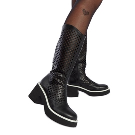 Schwarze durchbrochene Anahola-Stiefel mit hohen Absätzen