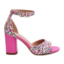Fuchsiafarbene Vitamella-Sandalen mit hohem Absatz und Blumenmuster rosa