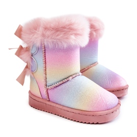 Isolierte Stiefel der Kinder mit Bögen, mehrfach gefärbte Schneestiefel rosa