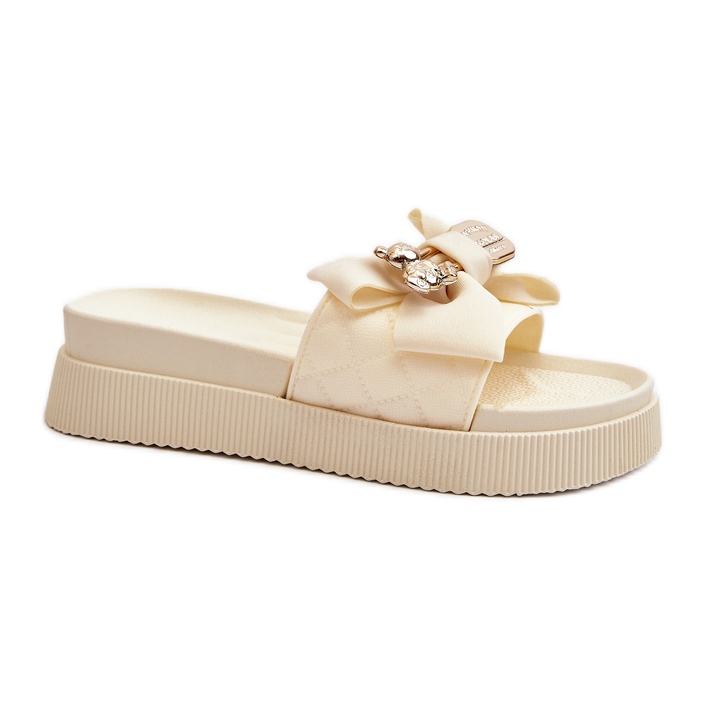 Beige Damen-Flip-Flops mit Schleife und Teddybär Katterina