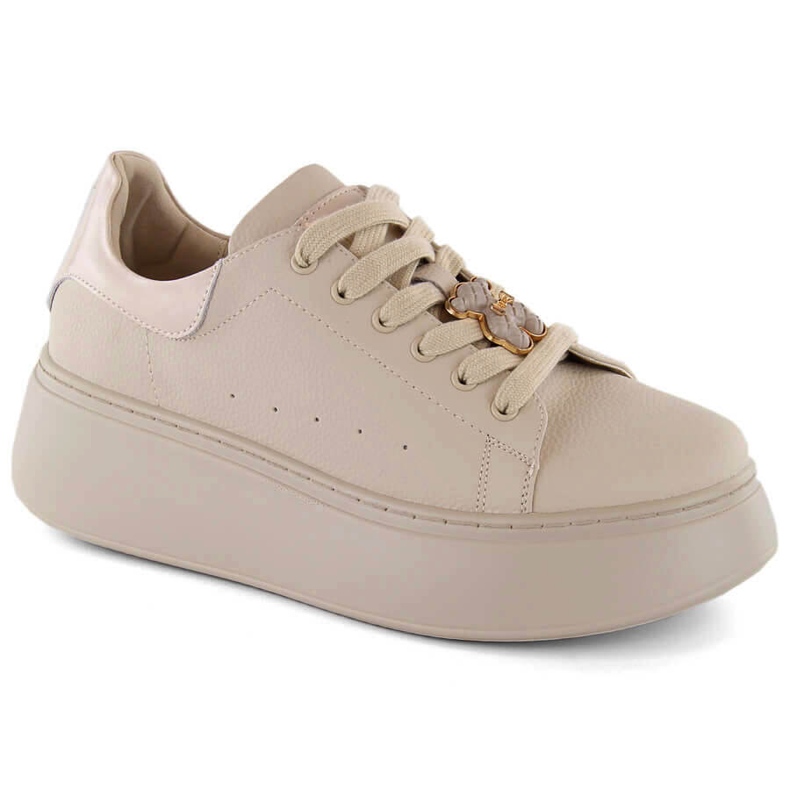 Damen-Sportschuhe aus Leder auf Plateau mit Teddybär, beige Vinceza 66641