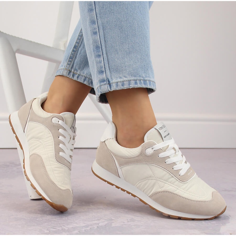 Damen-Sportschuhe zum Schnüren aus Leder, beige Vinceza 72301