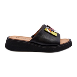 Vinceza Damen-Flip-Flops aus Leder mit schwarzer Asames-Dekoration