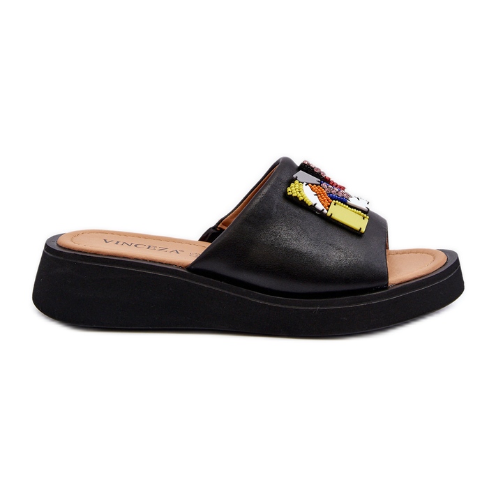 Vinceza Damen-Flip-Flops aus Leder mit schwarzer Asames-Dekoration
