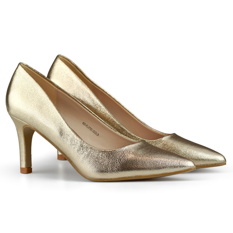 Goldene niedrige Stilettos, Damenpumps mit niedrigem Stilettoabsatz, Gold