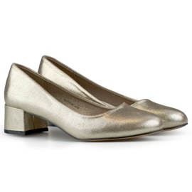 Glänzende Pumps mit niedrigem Absatz, goldene Pumps mit runder Spitze